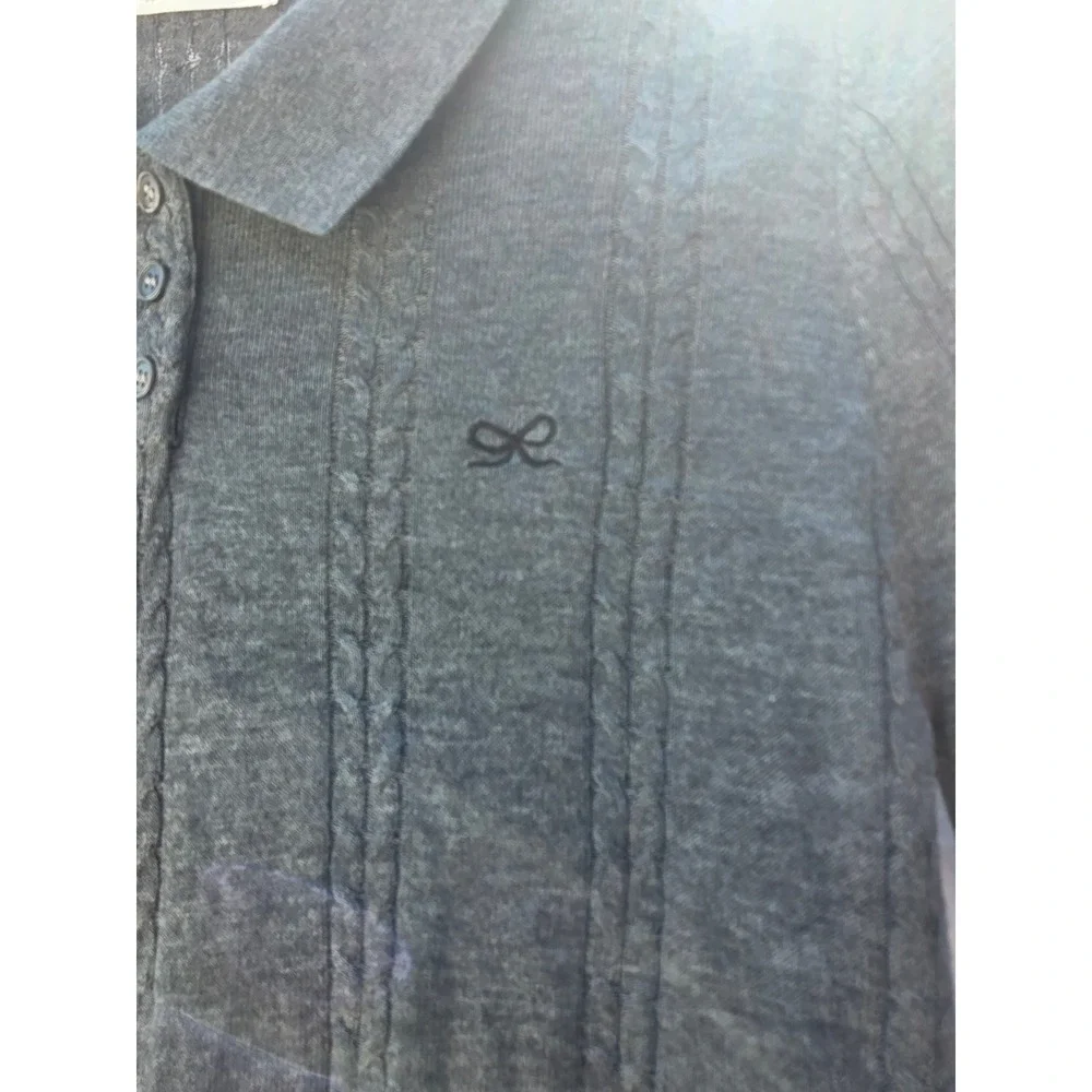 MAER Women Gray Long Sleeve Cable Knit Polo Sweater Bow Detail Size Medium - Picture 2 of 6
